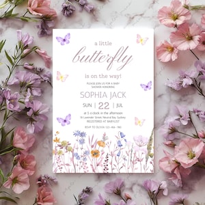 Butterfly Baby Shower Invitation, Purple Butterfly Invitation Template, Butterfly Baby Shower Invitation Girl, Butterflies and Flowers Pink