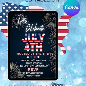 4. Juli Einladung mit Feuerwerk. Animiertes Grillfest oder Lagerfeuer Feier eVite. Digital Ingebrochenheit Day Party Invite.DIY Bearbeitbare Vorlage.