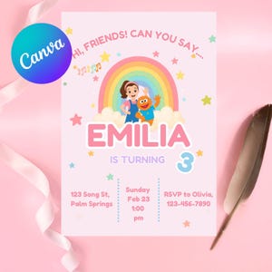 Ms. Rachel birthday Invitation Canva, Digital Invitation, Hop Little Bunnies, Ms, Rachel Invite Pink Elmo,Editable Invitation,Birthday Flyer