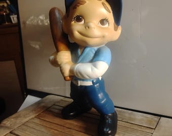 Figura de béisbol Smiley, de cerámica vintage, de la década de 1970. Figura de béisbol pintada a mano.