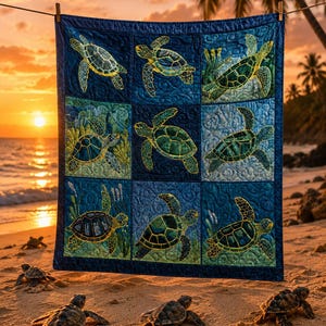 Sea Turtle Quilt Blanket, Ocean Turtle Patchwork Throw, Coastal Marine Life Blanket, Beach House Decor, Turtle Lover Gift