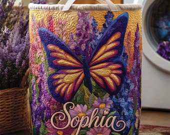 Butterfly Quilt Storage Basket, Floral Laundry Hamper, Cottagecore Organizer Bin, Quilted Flower Blanket Basket, Butterfly Nursery Decor