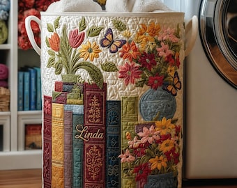 Cesta de almacenamiento personalizada para libros y colchas, cesto de ropa sucia con diseño floral para biblioteca, organizador personalizado para amantes de los libros, cesta de almacenamiento acolchada con flores.