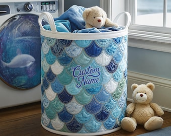 Mermaid Scale Quilt Storage Basket, Ocean Nursery Laundry Hamper, Blue Coastal Blanket Organizer Bin, Quilted Toy Storage Basket