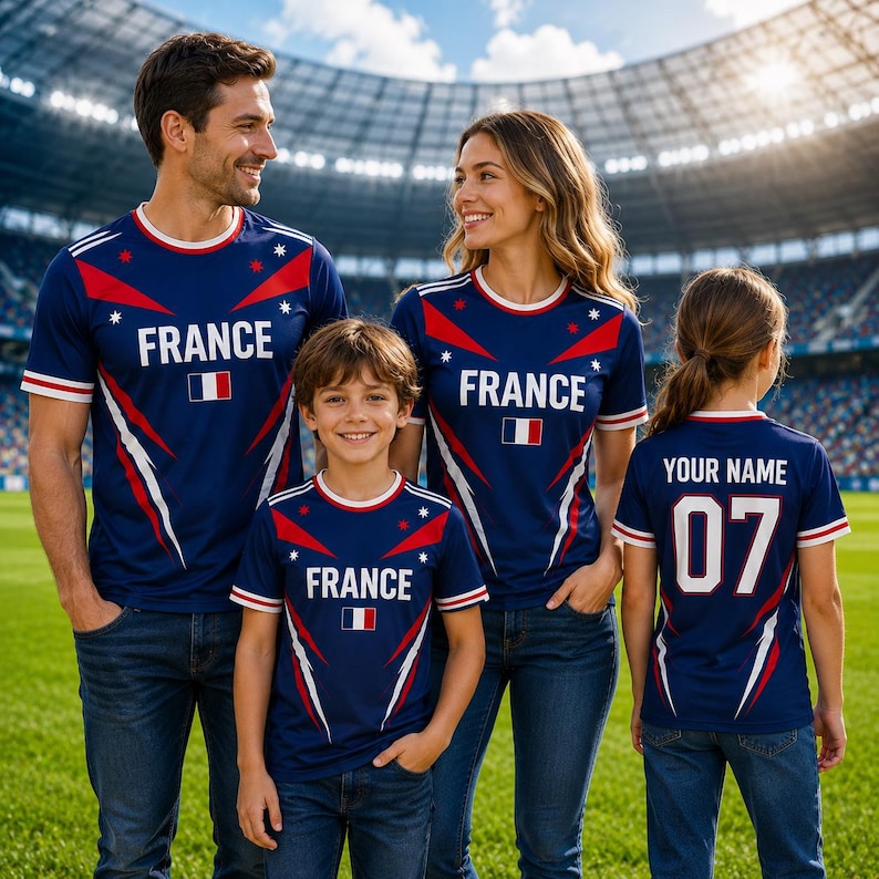 Puede incluir: Cuatro personas vestidas con camisetas azul marino a juego con la palabra "FRANCE" y la bandera francesa. Las camisetas tienen detalles en rojo y blanco y dise&ntilde;os de estrellas. Una camiseta tiene "YOUR NAME" y "07" en la espalda.