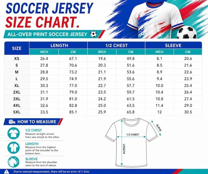 Puede incluir: Una tabla de tallas de camisetas de f&uacute;tbol con medidas en pulgadas y cent&iacute;metros. La tabla incluye tallas XS a 5XL, con detalles de largo, 1/2 pecho y mangas. Diagramas ilustran c&oacute;mo medir la camiseta.