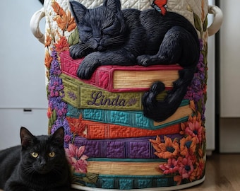 Cesta de almacenamiento de libros personalizada con diseño de gato negro, cesto de ropa para amantes de los gatos, contenedor organizador de biblioteca con nombre personalizado, cesta de tela acolchada con motivos literarios.