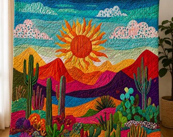 Colorful Desert Quilt Blanket, Southwest Cactus Blanket, Boho Landscape Quilt, Arizona Desert Throw, Vibrant Sunset Blanket, Cozy Blanket
