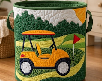 Golf Cart Quilt Storage Basket, Golf Laundry Hamper, Sports Nursery Organizer Bin, Quilted Golf Blanket Basket, Golf Lover Storage Decor