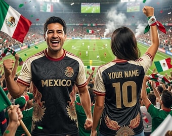 Mexico Soccer Jersey, Custom Name Number Football Shirt, Black Gold Mexico Fan Jersey, Personalized Futbol Gift, Gift for Soccer Fan