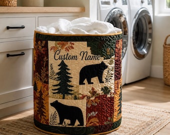 Bear Quilt Storage Basket, Woodland Laundry Hamper, Cabin Decor Organizer Bin, Rustic Forest Bear Blanket Basket, Quilted Nursery Storage