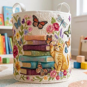 May include: A round, cream-colored storage basket with white handles, decorated with embroidered butterflies, flowers, and a stack of books. An orange tabby cat is reaching for a butterfly. The basket is on a patterned rug.