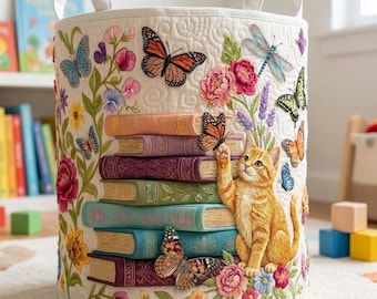 Quilted Cat Storage Basket, Book Lover Fabric Basket, Floral Butterfly Toy Organizer, Cute Kitten Laundry Hamper, Gift for Cat Mom Reader
