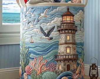 Quilted Lighthouse Storage Basket, Coastal Laundry Basket, Ocean Beach Fabric Hamper, Nautical Seashell Basket, Beach House Decor Gifts