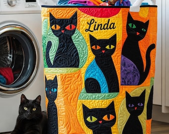 Black Cat Quilt Storage Basket, Halloween Laundry Hamper, Colorful Cat Organizer Bin, Quilted Cat Blanket Basket, Pet Lover Storage Decor