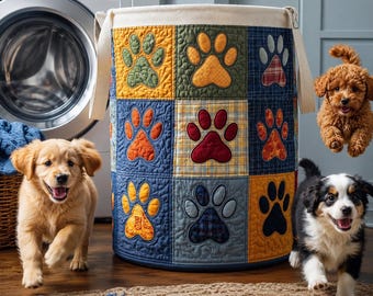 Quilted Paw Print Storage Basket, Dog Toy Organizer, Patchwork Pet Laundry Hamper, Rustic Puppy Basket, Gift for Dog Mom Pet Lover