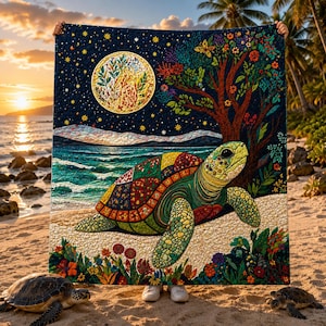 Sea Turtle Quilt Blanket, Colorful Ocean Turtle Quilt, Coastal Beach Blanket, Boho Turtle Bedding, Quilted Throw, Nature Art Quilt Gifts