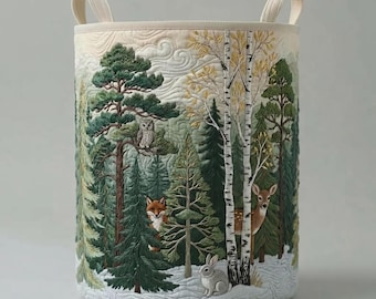 Quilted Forest Storage Basket, Woodland Animal Fabric Basket, Rustic Laundry Hamper, Winter Cabin Decor, Gift for Nature Lover