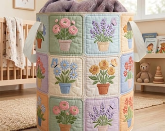 Quilted Nursery Storage Basket, Floral Baby Room Organizer, Pastel Flower Fabric Basket, Cottagecore Toy Basket, Gift for New Mom Nursery