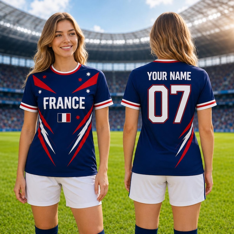 Puede incluir: Una camiseta de f&uacute;tbol azul marino con la palabra "FRANCE" y la bandera francesa en la parte delantera. La camiseta tiene detalles en rojo y blanco y se combina con pantalones cortos blancos. La parte trasera de la camiseta tiene el texto "YOUR NAME" y el n&uacute;mero "07".