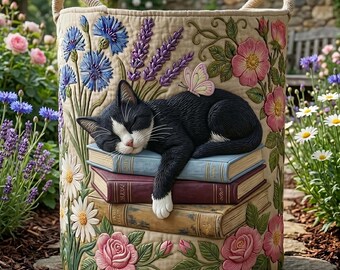 Quilted Cat Storage Basket, Black Cat Book Lover Basket, Floral Garden Fabric Basket, Cottagecore Cat Lover Gift, Basket for Cat Mom