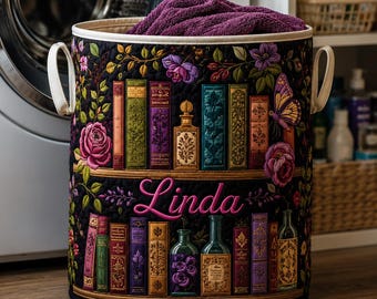 Personalized Book Storage Basket, Dark Floral Laundry Hamper, Custom Name Library Organizer Bin, Quilted Book Lover Fabric Basket