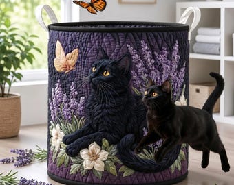 Quilted Black Cat Storage Basket, Lavender Floral Fabric Basket, Gothic Cottagecore Cat Basket, Cat Mom Gift, Decorative Laundry Hamper