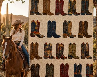 Cowboy Boots Quilt Blanket, Western Cowgirl Blanket, Rustic Country Quilt, Rodeo Boots Blanket, Horse Lover Gift, Farmhouse Western Decor