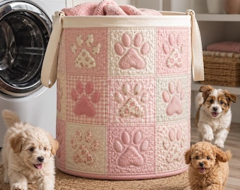 Personalized Quilted Dog Storage Basket, Pink Paw Print Laundry Hamper, Custom Puppy Toy Basket, Pet Lover Nursery Basket, Gift for Dog Mom