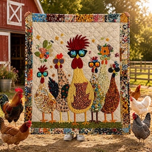 May include: A colorful quilt featuring six whimsical rooster figures wearing sunglasses. The roosters are made of various patterned fabrics, with a cream-colored background and a decorative border. The quilt is held up outdoors, with chickens and a red barn in the background.