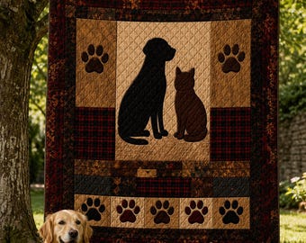 Dog Cat Quilt Blanket, Pet Lover Blanket, Paw Print Patchwork Quilt, Rustic Dog Cat Blanket, Gift for Pet Lover, Cozy Quilted Throw Blanket