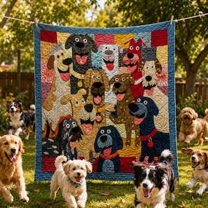 May include: A vibrant quilt depicting cartoon dogs with happy expressions, suspended on a washing line. Several real dogs of different breeds are running on the grass in front of the quilt. The quilt has a blue border and a patchwork design.