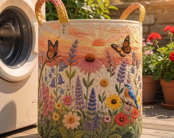 Cesto de ropa acolchado, cesta de almacenamiento floral para jardín, cesta con diseño de mariposas y flores silvestres, decoración rústica para el cuarto de lavado, regalo para amantes de la jardinería.