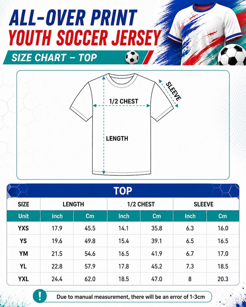 Puede incluir: Tabla de tallas de camiseta de f&uacute;tbol juvenil blanca, con medidas en pulgadas y cent&iacute;metros. La tabla incluye medidas de largo, medio pecho y manga para las tallas YXS a YXL. El texto "ALL-OVER PRINT YOUTH SOCCER JERSEY" est&aacute; en la parte superior.