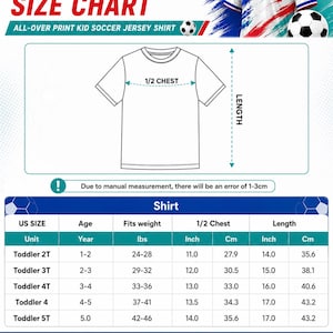 Puede incluir: Tabla de tallas para camisetas de f&uacute;tbol para ni&ntilde;os. La tabla incluye medidas de 1/2 pecho y largo en pulgadas y cent&iacute;metros. La tabla tambi&eacute;n incluye la edad, el peso en libras y la talla estadounidense para cada camiseta.