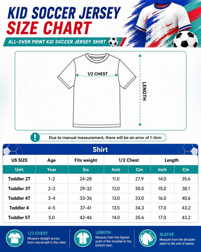 Puede incluir: Tabla de tallas para camisetas de f&uacute;tbol para ni&ntilde;os. La tabla incluye medidas de 1/2 pecho y largo en pulgadas y cent&iacute;metros. La tabla tambi&eacute;n incluye la edad, el peso en libras y la talla estadounidense para cada camiseta.