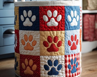 Quilted Paw Print Storage Basket, Dog Toy Basket, Pet Lover Laundry Hamper, Patchwork Puppy Basket, Gift for Dog Mom Pet Room Decor