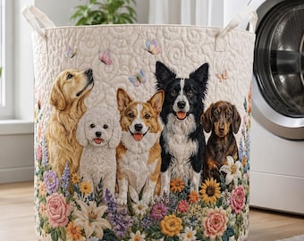 Quilted Dog Storage Basket, Floral Pet Lover Fabric Basket, Cute Dog Breed Organizer, Cottagecore Craft Basket, Gift for Dog Mom