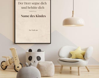 May include: A framed print with German text hangs above a child's room decor. The print reads "Der Herr segne dich und behüte dich" and "Name des Kindes". The room features a white chair, a gray whale plush, and a panda-themed storage bin.