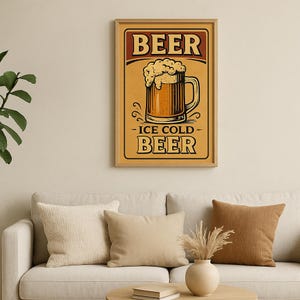 Vintage Beer Poster – Retro Wall Art Print, Ice Cold Beer Sign, Rustic Bar Decor, Digital Download Printable