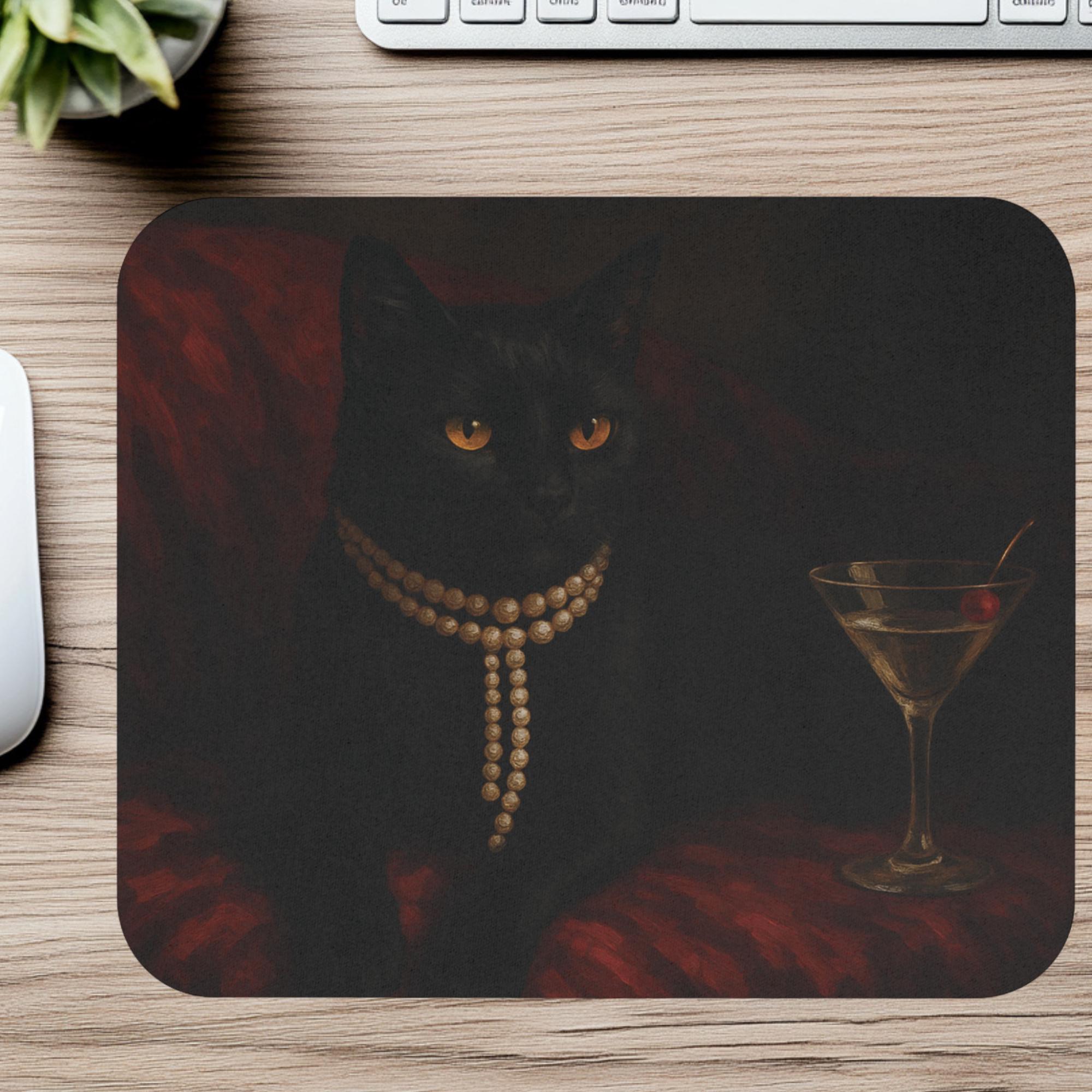 Schwarze Katze Maus Pad, Glam Cat Büro Dekor, Lustiges Geschenk für Katzenliebhaber, Rote Samt Katze Schreibtischmatte, Schickes Katzen Mousepad für Frauen, Mitarbeiter Geschenk