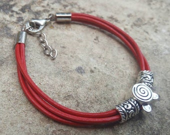 Multi Strand Leather and Silver Charm Bracelet, Thin Leather Bracelet with Silver Charm, Women's Leather Jewellery, Genuine Leather Bangle