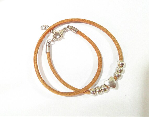 Tan 3mm Leather single or double Bracelet Heart Shape Clasp Add Beads on Tan 3mm Leather single or double Bracelet Heart Shape Clasp Add Beads on