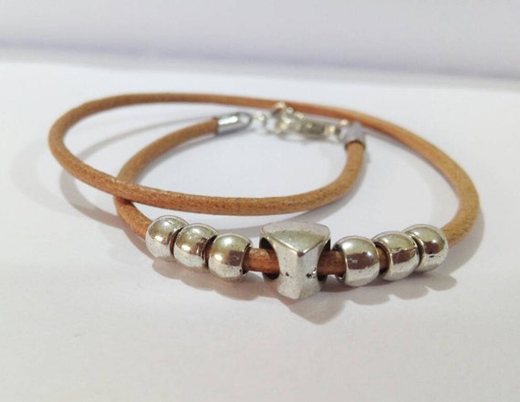 Tan 3mm Leather single or double Bracelet Heart Shape Clasp Add Beads on Tan 3mm Leather single or double Bracelet Heart Shape Clasp Add Beads on
