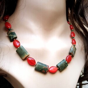 Handmade One-of-a-kind Picasso Jasper Necklace, Picasso Jasper and Red Jade Gemstone Necklace, Semi Precious Stones Elegant Jewellery
