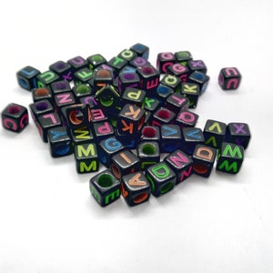100/200 MIXED Black and Neon Colour Acrylic Beads, 6x6mm Cube Alphabet Letter Beads, Plastic Letter Cubes for Jewellery Making DIY Craft