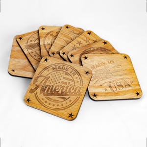 Engraved Patriotic Wooden Coaster Set: Red Oak, USA Made
