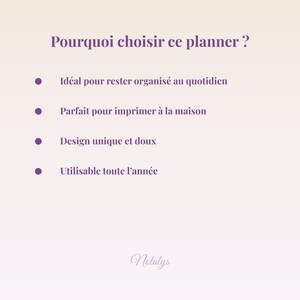 May include: A digital planner advertisement with text in purple on a gradient background. The text reads "Pourquoi choisir ce planner?" followed by bullet points describing the planner's features. The Notalys logo is at the bottom.