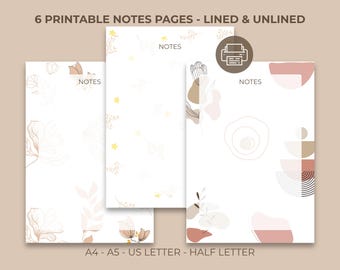 Aesthetic Printable Notes - Lined & Unlined Pages - A4 A5 US Letter Half Letter - Cute Writing Journal - PDF Instant Download