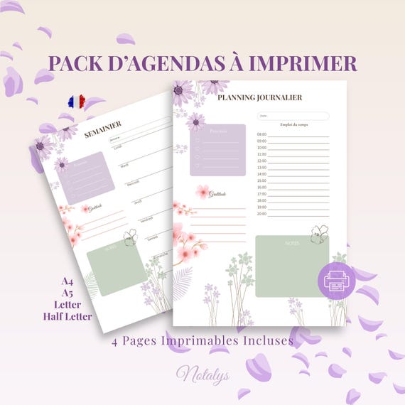 Ensemble de Planificateurs • Floral • PDF Imprimable Hebdomadaire & Journalier • A4 A5 US Letter Half Letter • Organisation au Quotidien